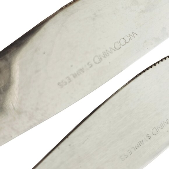 4 Woodwind Dinner Knife 8" wood-like handle vtg midcentury boho minimalist mixed - Picture 4 of 9